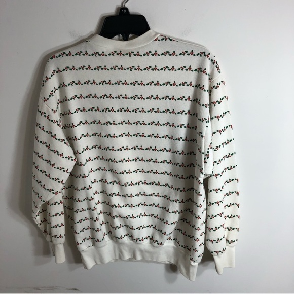 Vintage Christmas Tree Ringer Neck Sweatshirt Large 90s Jane Colby White Green - Picture 8 of 9